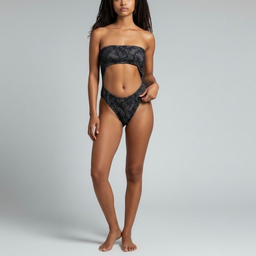 Hot Miami Styles Sz SMALL One Piece Swimsuit Bandeau Cutout Black Lace Lined Tan